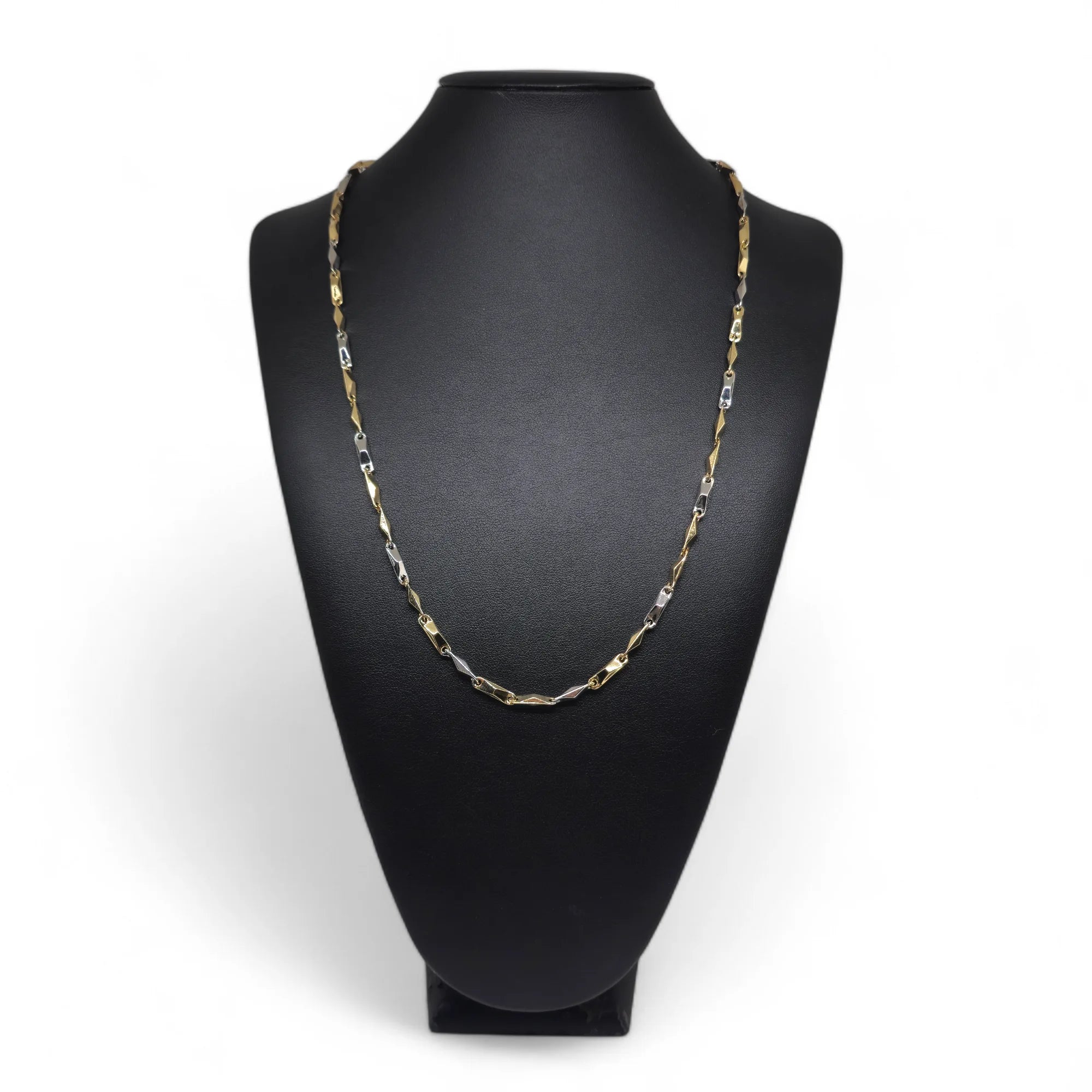 Collana bicolore in oro bianco e giallo 18 carati con maglia geometrica
