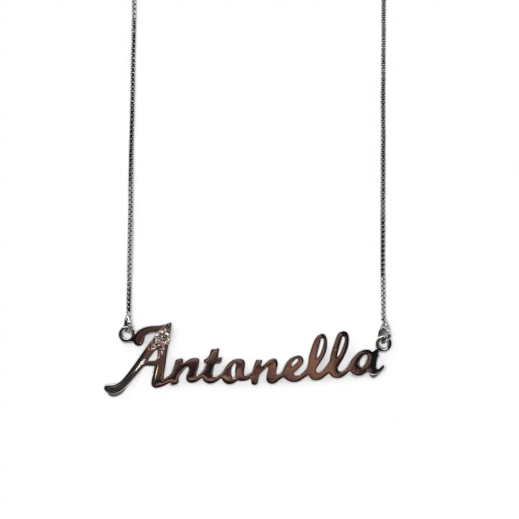 Collana con nome Antonella in oro bianco 18 carati e diamante misura 50 cm
