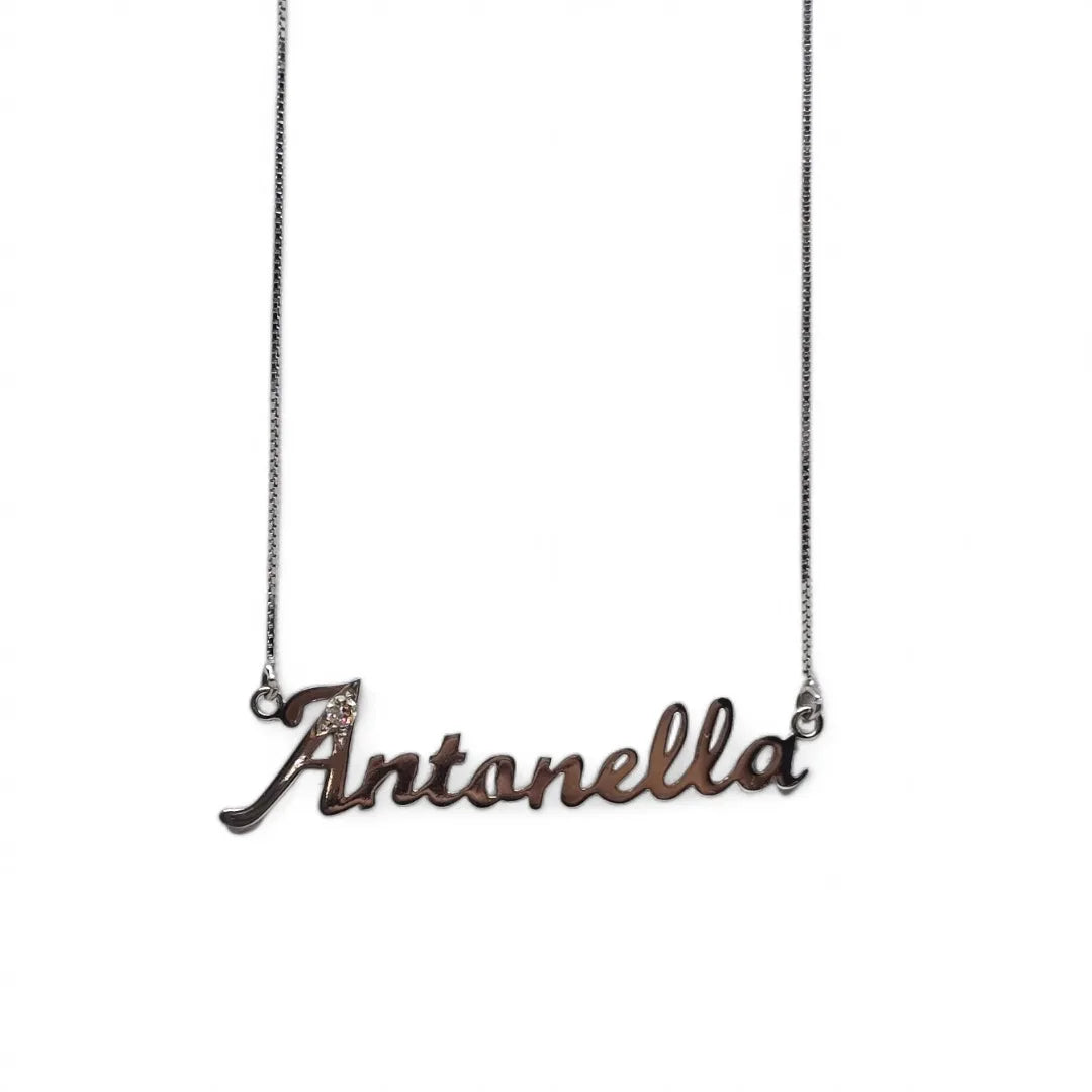 Collana con nome Antonella in oro bianco 18 carati e diamante misura 50 cm
