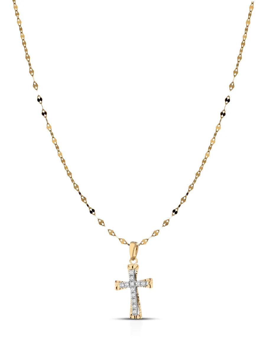 Collana croce in oro giallo 18kt con zirconi