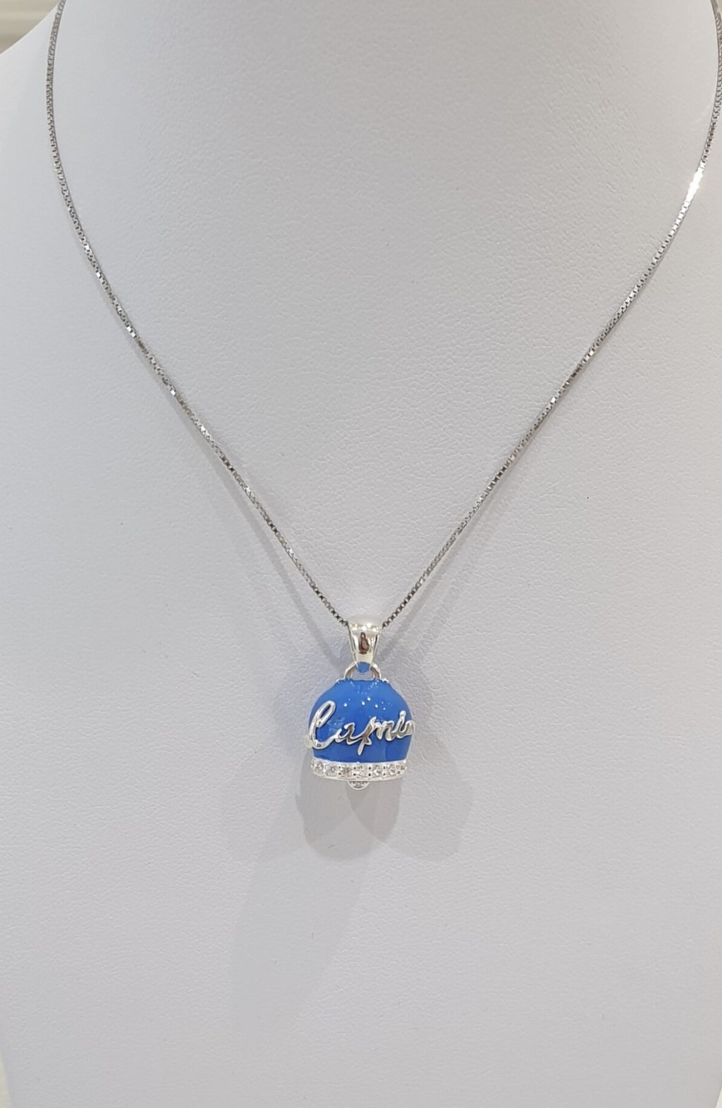 Collana donna con campana della fortuna capri blu in argento 925 e zirconi