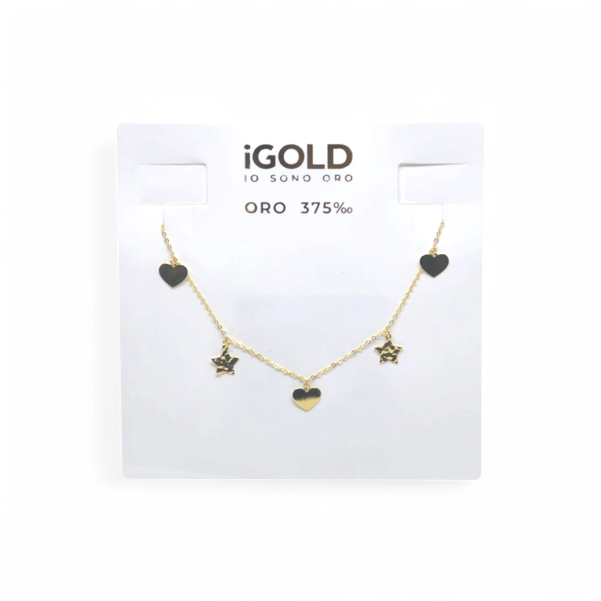 Collana donna con cuori e stelle in oro giallo 9 carati