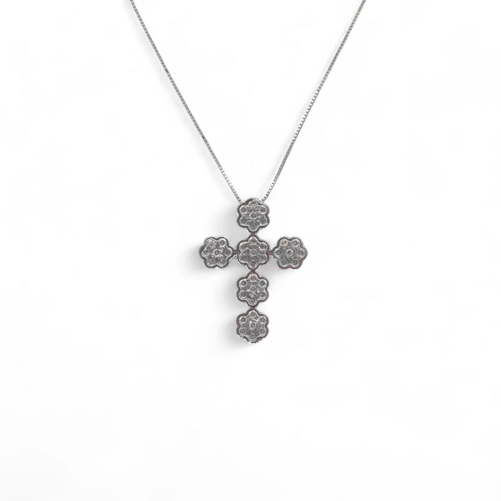 Collana donna in oro 18kt con croce a fiore di diamanti