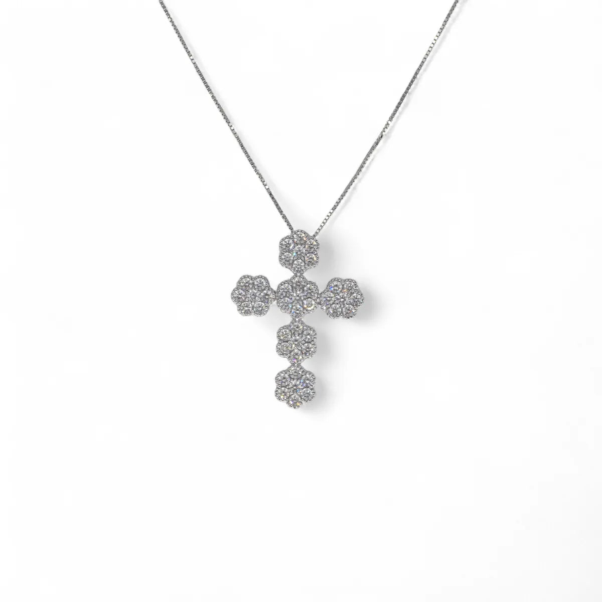 Collana donna in oro 18kt con croce a fiore di diamanti