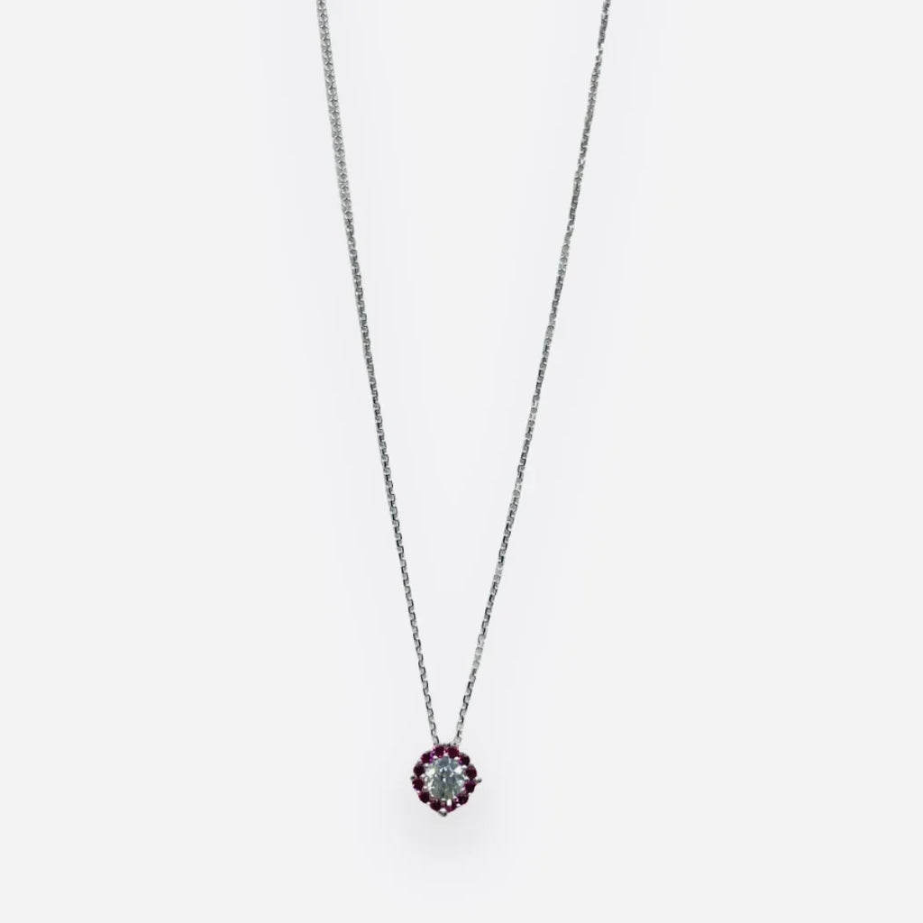Collana iGold pendete in oro bianco 375 9Kt con punto luce e cornice magenta