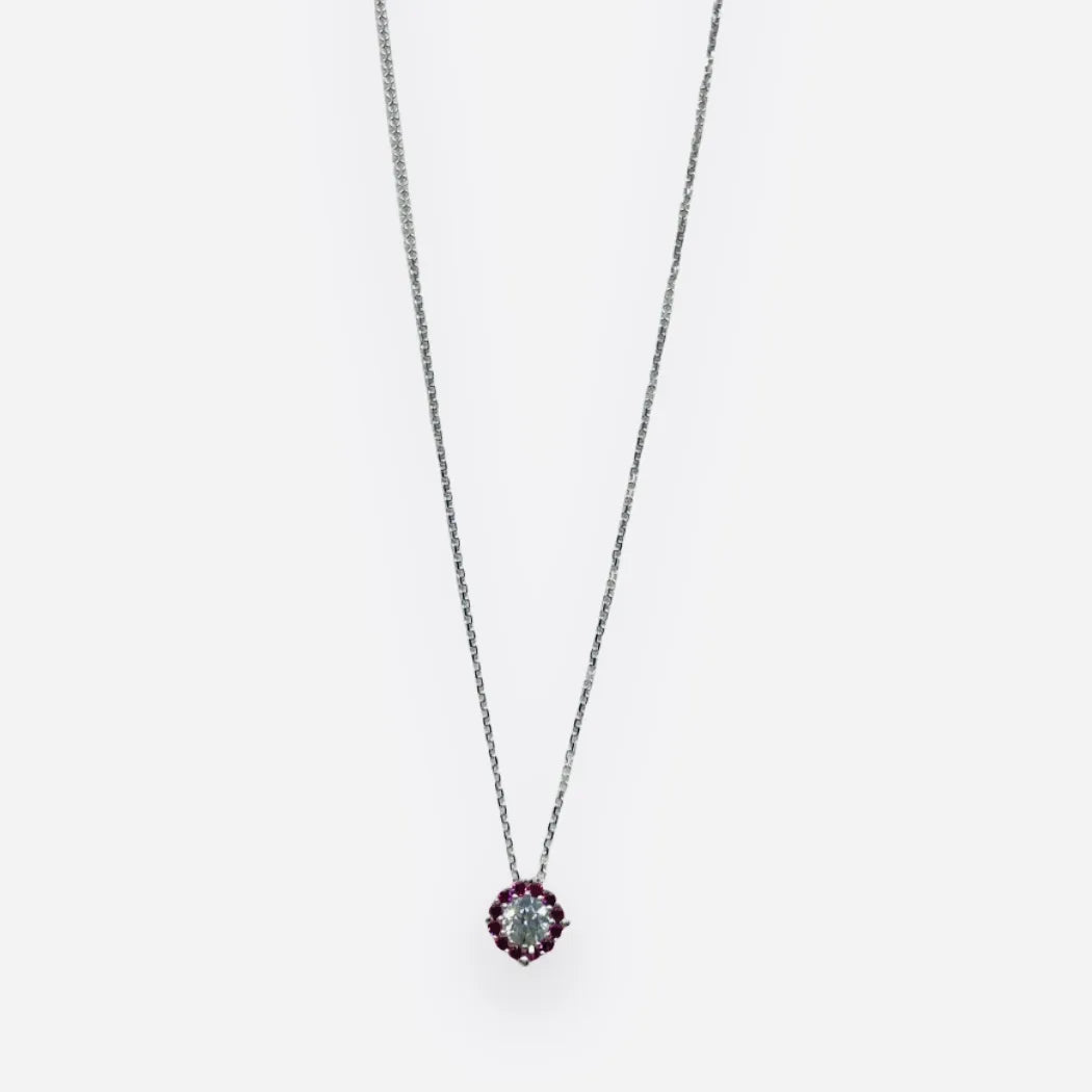 Collana iGold pendete in oro bianco 375 9Kt con punto luce e cornice magenta