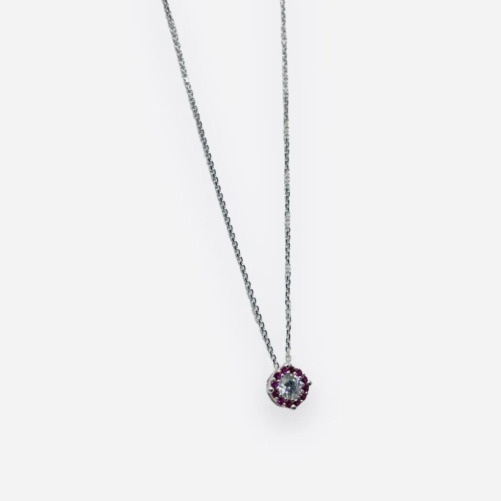Collana iGold pendete in oro bianco 375 9Kt con punto luce e cornice magenta