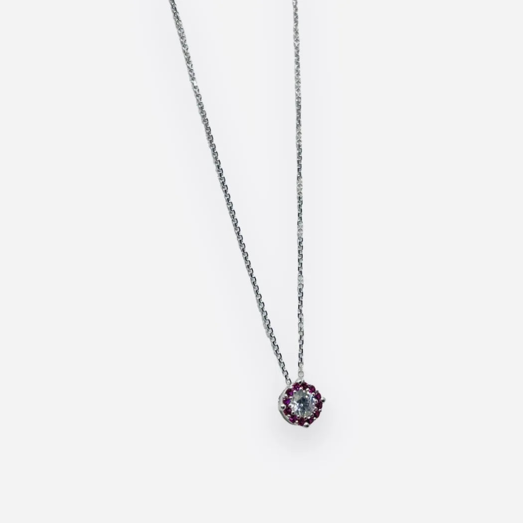 Collana iGold pendete in oro bianco 375 9Kt con punto luce e cornice magenta