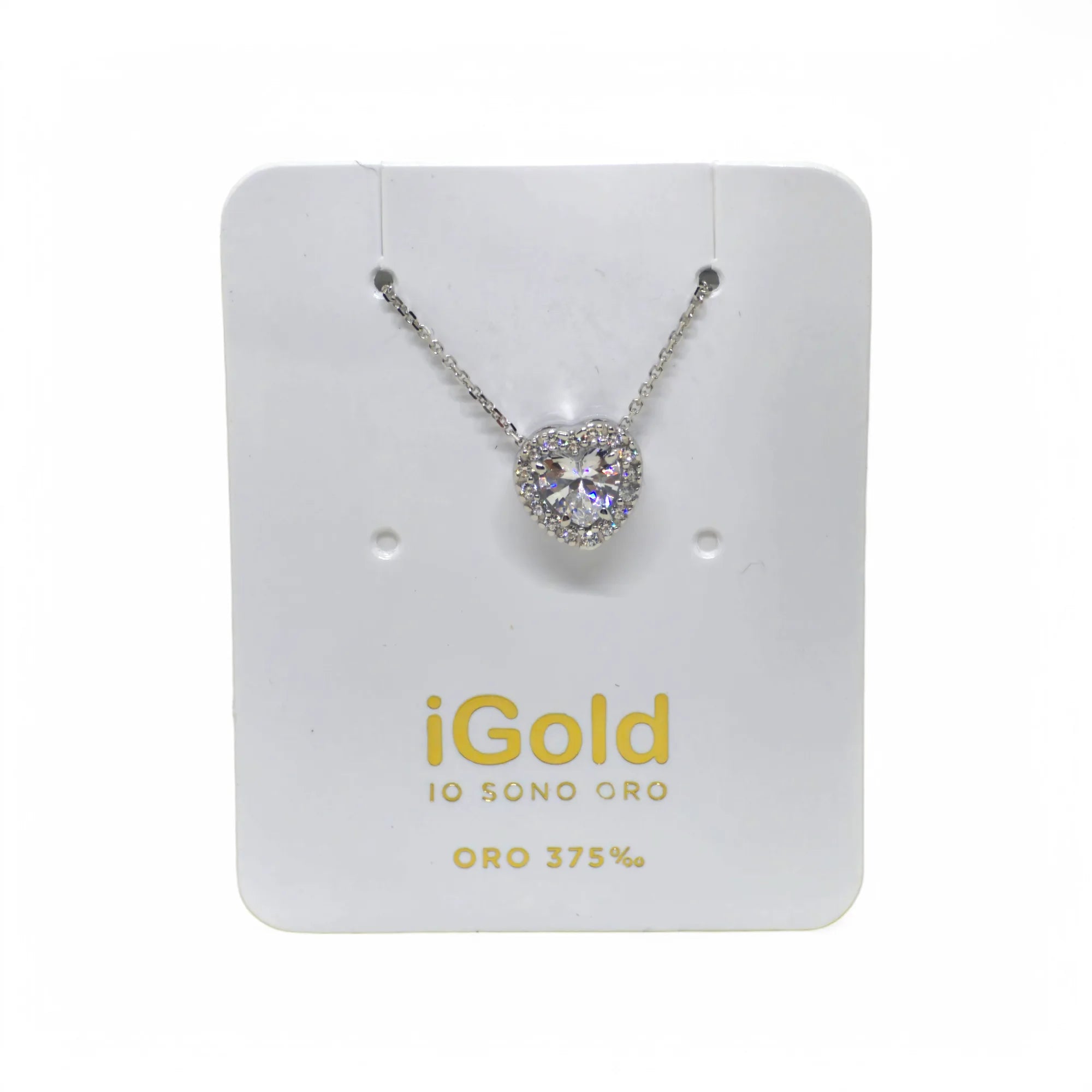 Collana in Oro Bianco 9kt 375 con Pendente a Cuore Bianco