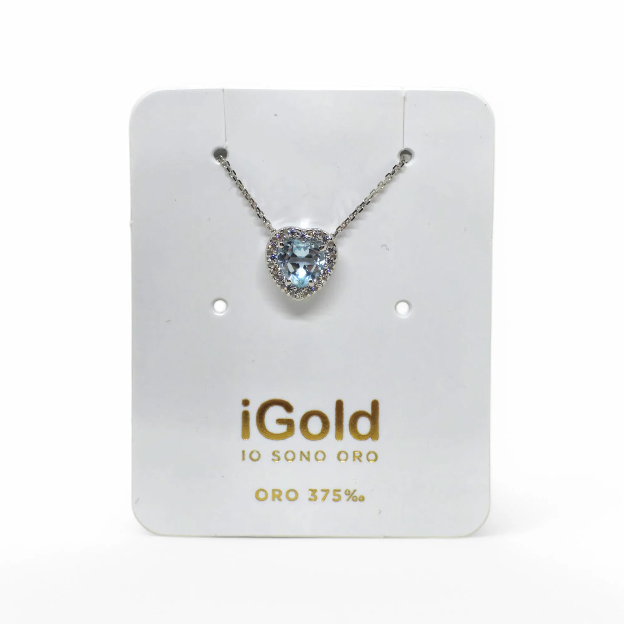Collana in Oro Bianco 9kt 375 con Pendente a Cuore Celeste