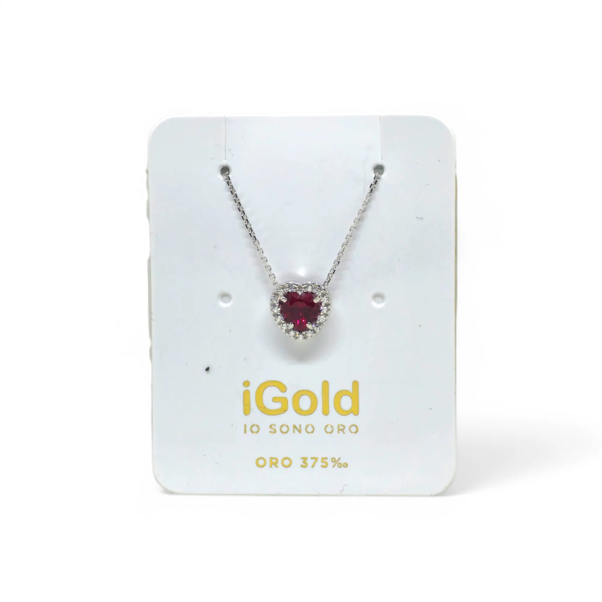 Collana in Oro Bianco 9kt 375 con Pendente a Cuore Rosso