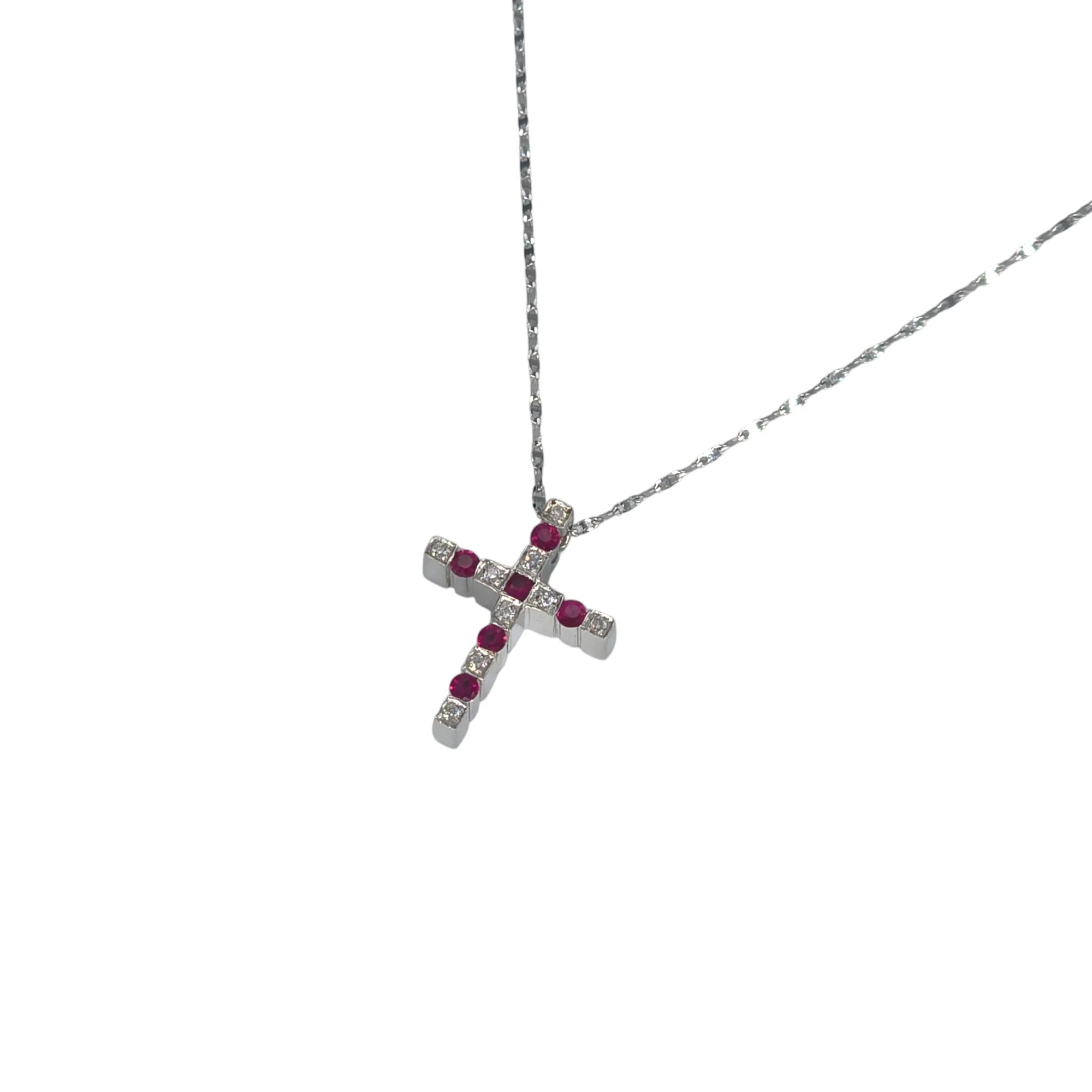 Collana in Oro Bianco con Croce di Diamanti e Rubini