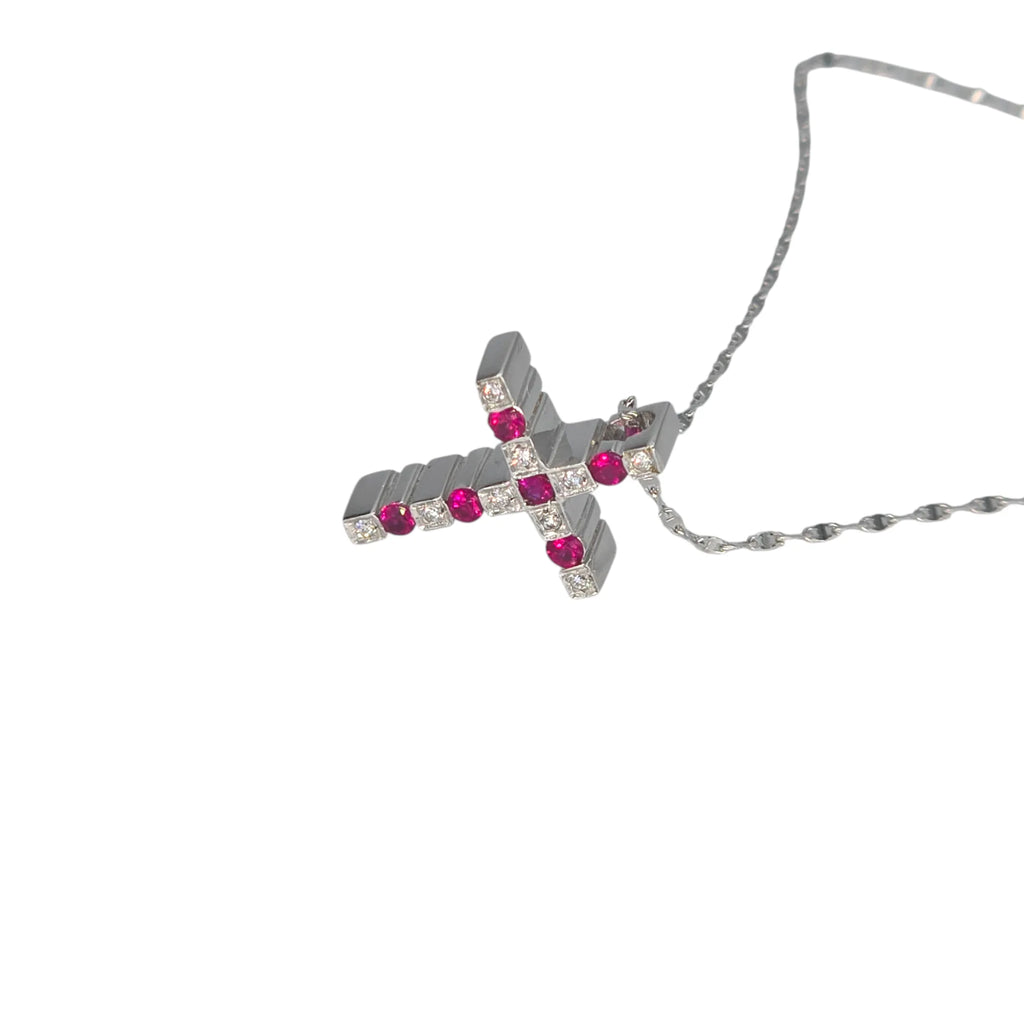 Collana in Oro Bianco con Croce di Diamanti e Rubini