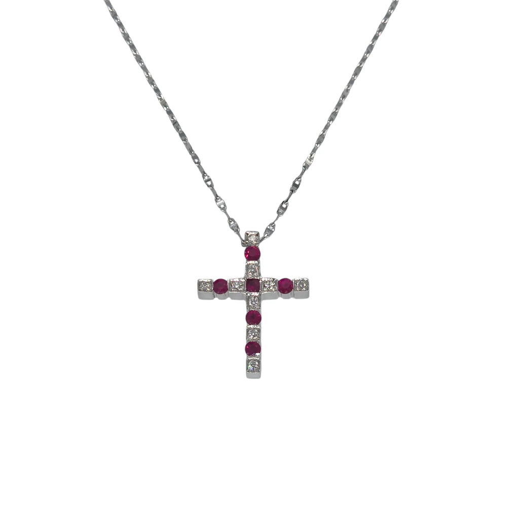 Collana in Oro Bianco con Croce di Diamanti e Rubini