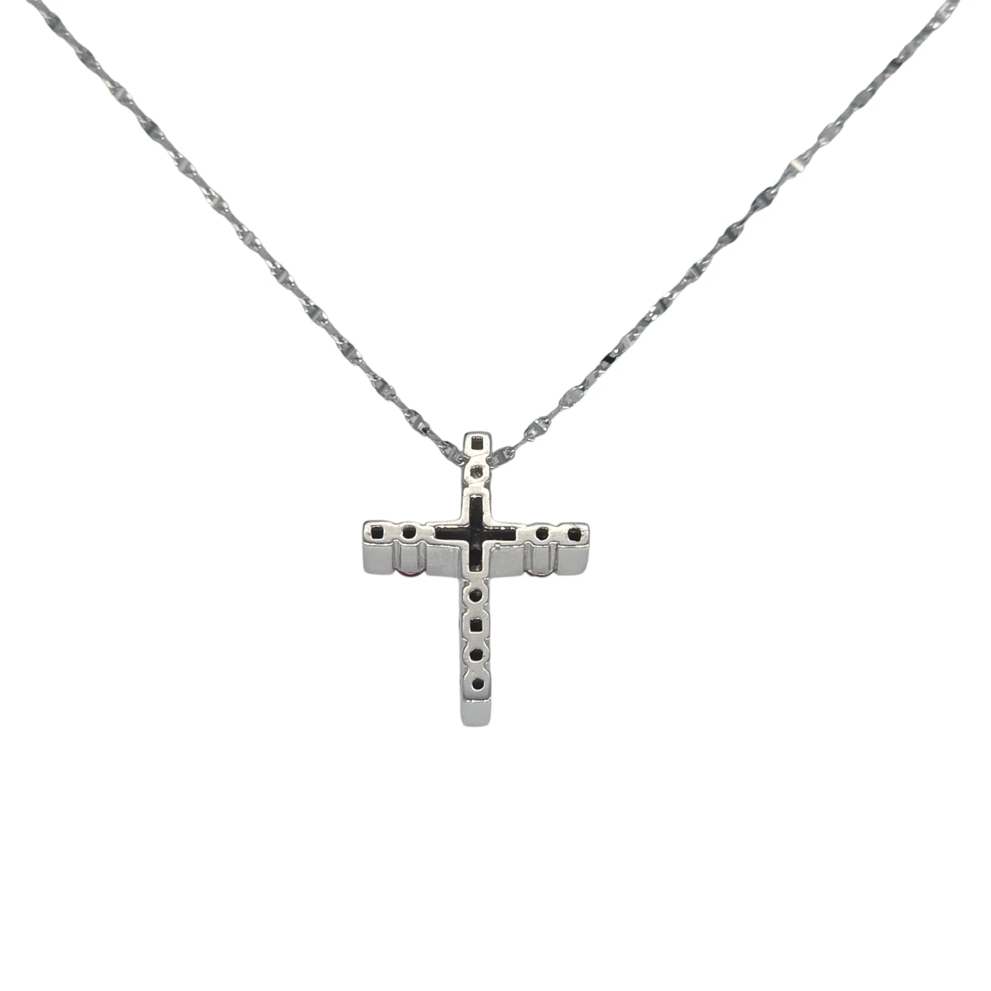 Collana in Oro Bianco con Croce di Diamanti e Rubini