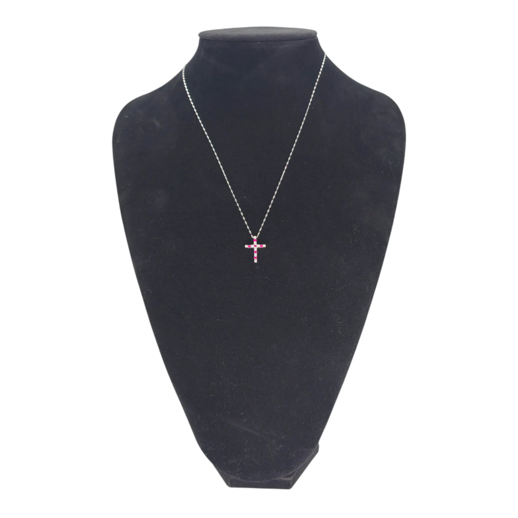 Collana in Oro Bianco con Croce di Diamanti e Rubini
