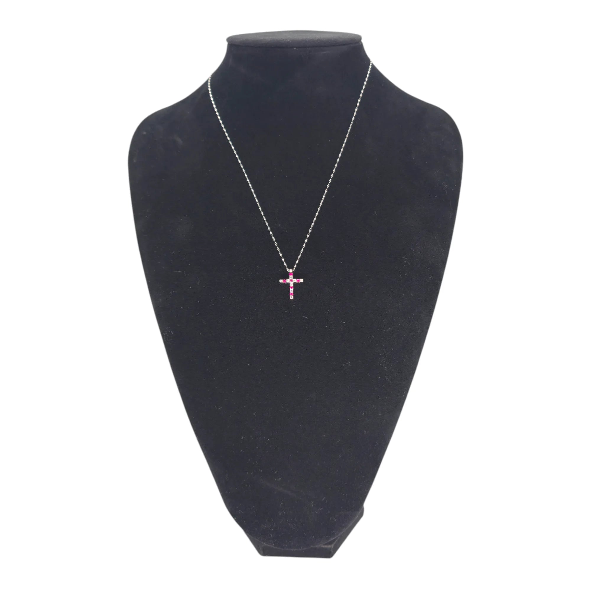 Collana in Oro Bianco con Croce di Diamanti e Rubini