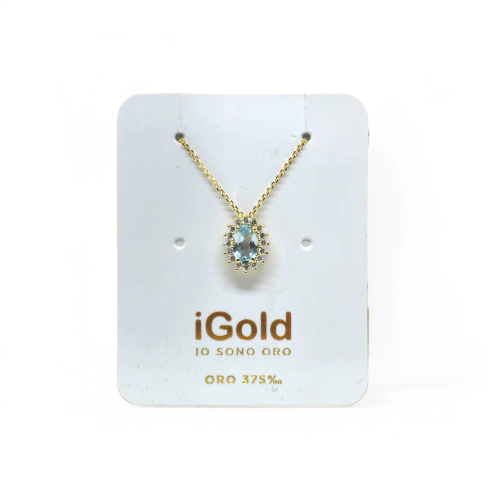 Halskette aus 9 Karat Gelbgold 375 mit gefasstem ovalem Himmelblau-Anhänger