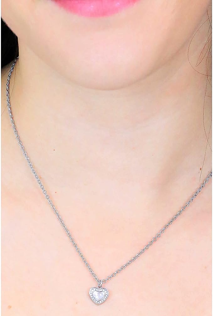 Collana in acciaio lucido con pendente a forma di cuore con cristalli. Personalizzata con cuore Ops. OPSCL-795