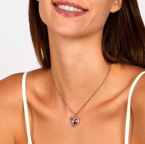Collana in metallo rosato forma cuore con pietre rosa e cuore con strass 1668619