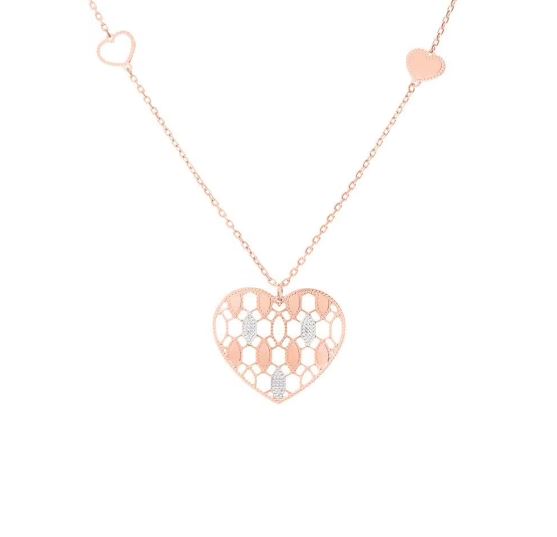 Lange Halskette aus Rosébronze mit einem Herzanhänger und zwei kleinen Herzen