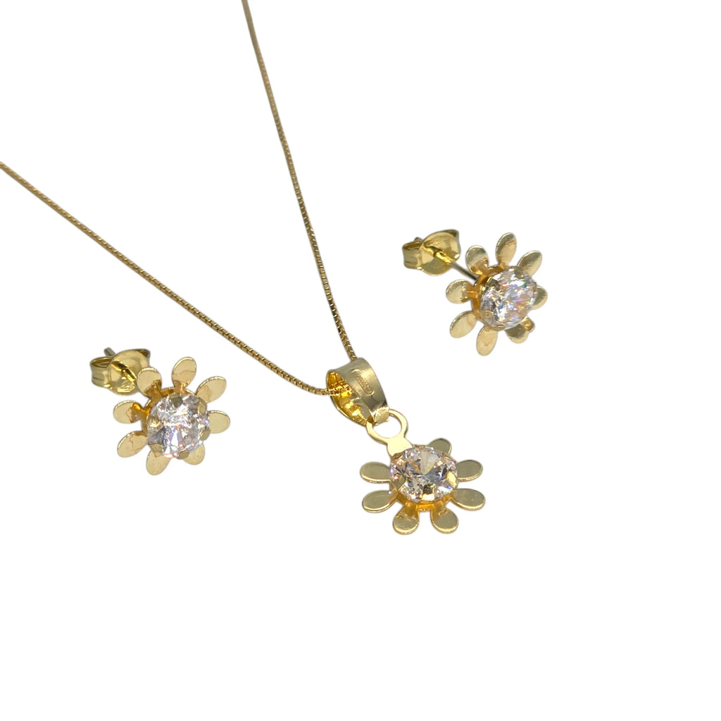 Damen-/Kinder-Set, Halskette und Ohrringe, Gänseblümchen aus 18 Karat Gelbgold