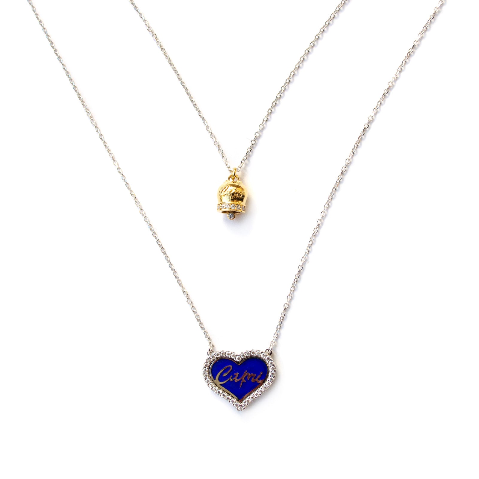 Doppia catenina in argento 925, cuore zirconato con lettering Capri e Campanella della fortuna gold (small size)
