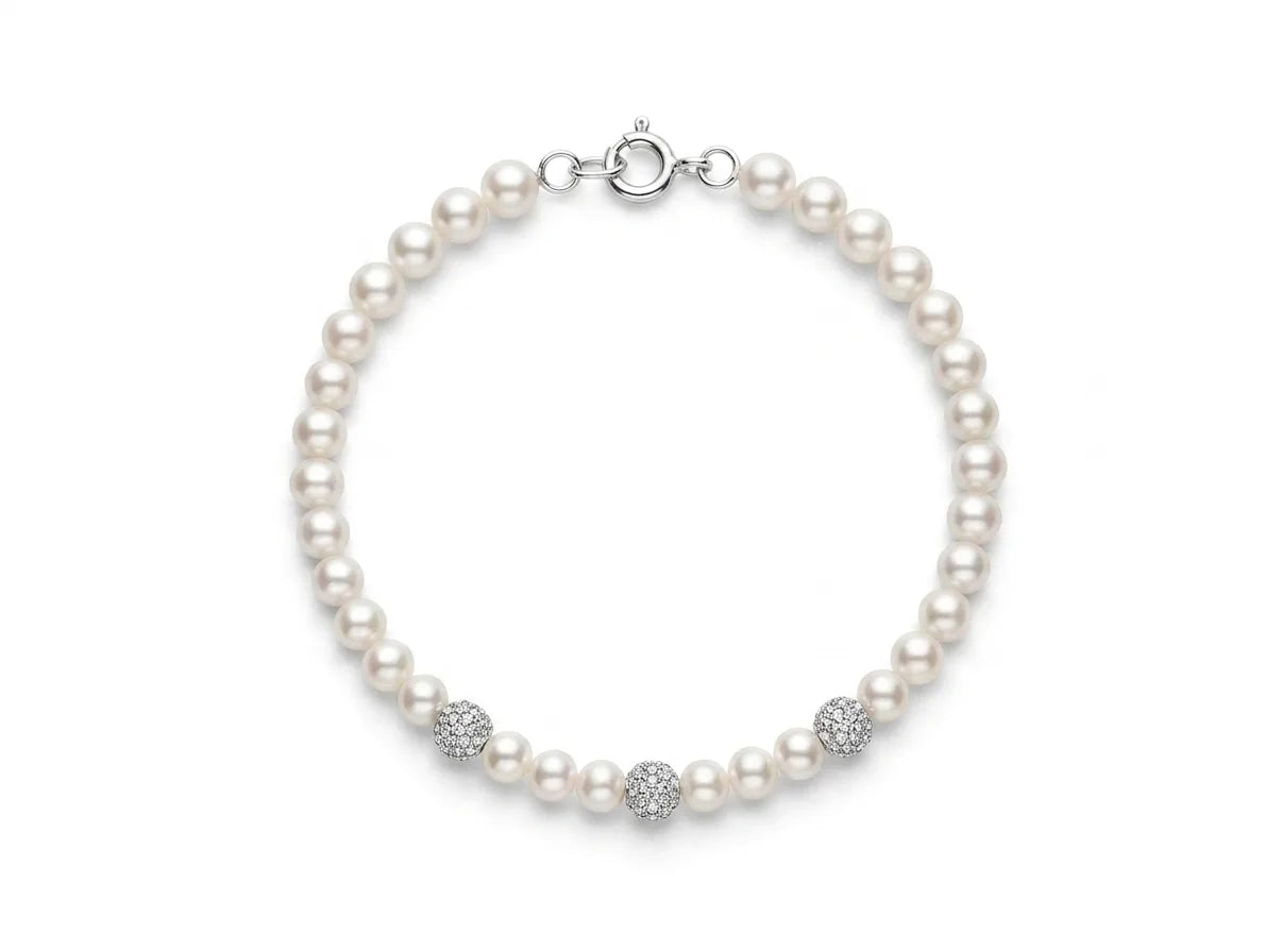 Bracciale perle Kioto in oro bianco e sfere diamantate