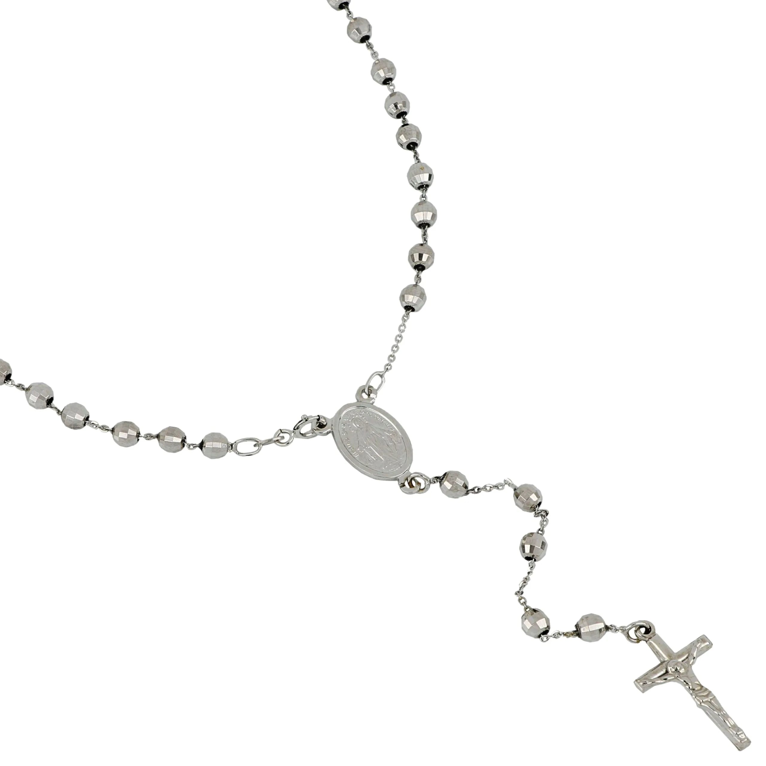 Girocollo Rosario in Oro Bianco Lucido catena Diamantata e Grani Sfaccettati 60 cm