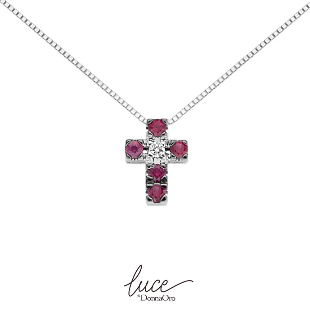 Girocollo donna in oro bianco con diamanti e croce rubini collezione luce Donnaoro LPR10121.001