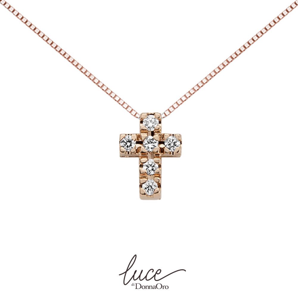 Girocollo in oro bianco con diamanti e croce oro rosa e diamanti collezione luce linea armonia lpf10117.003