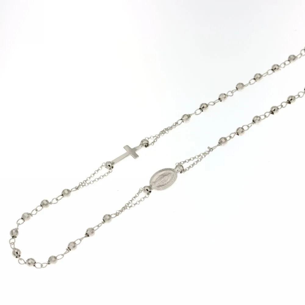 Girocollo in oro bianco modello rosario lucido con catenina rolo' e grani sfaccettati 45cm