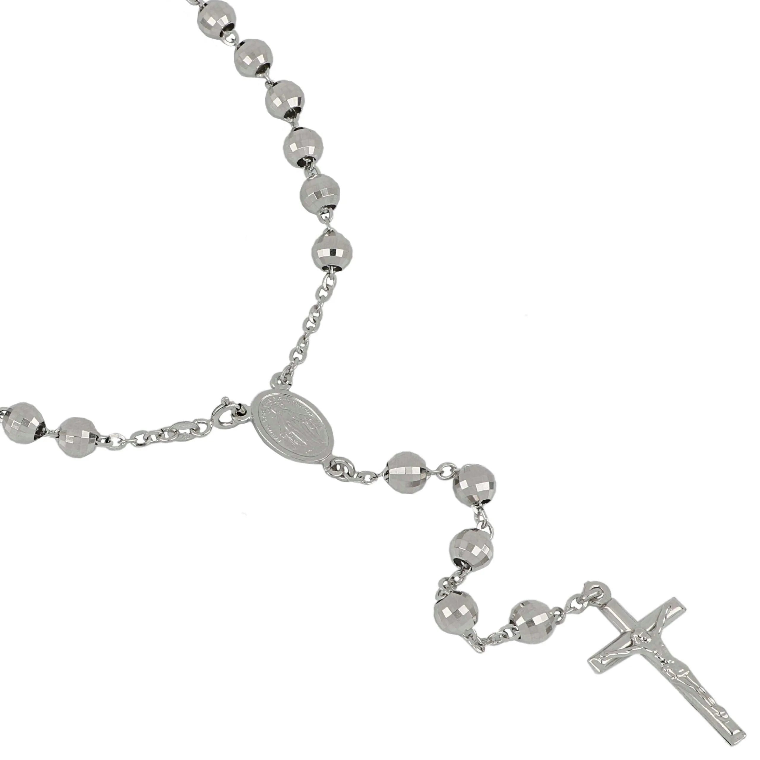 Girocollo rosario in oro bianco lucido con catenina diamantata e grani sfaccettati 60cm