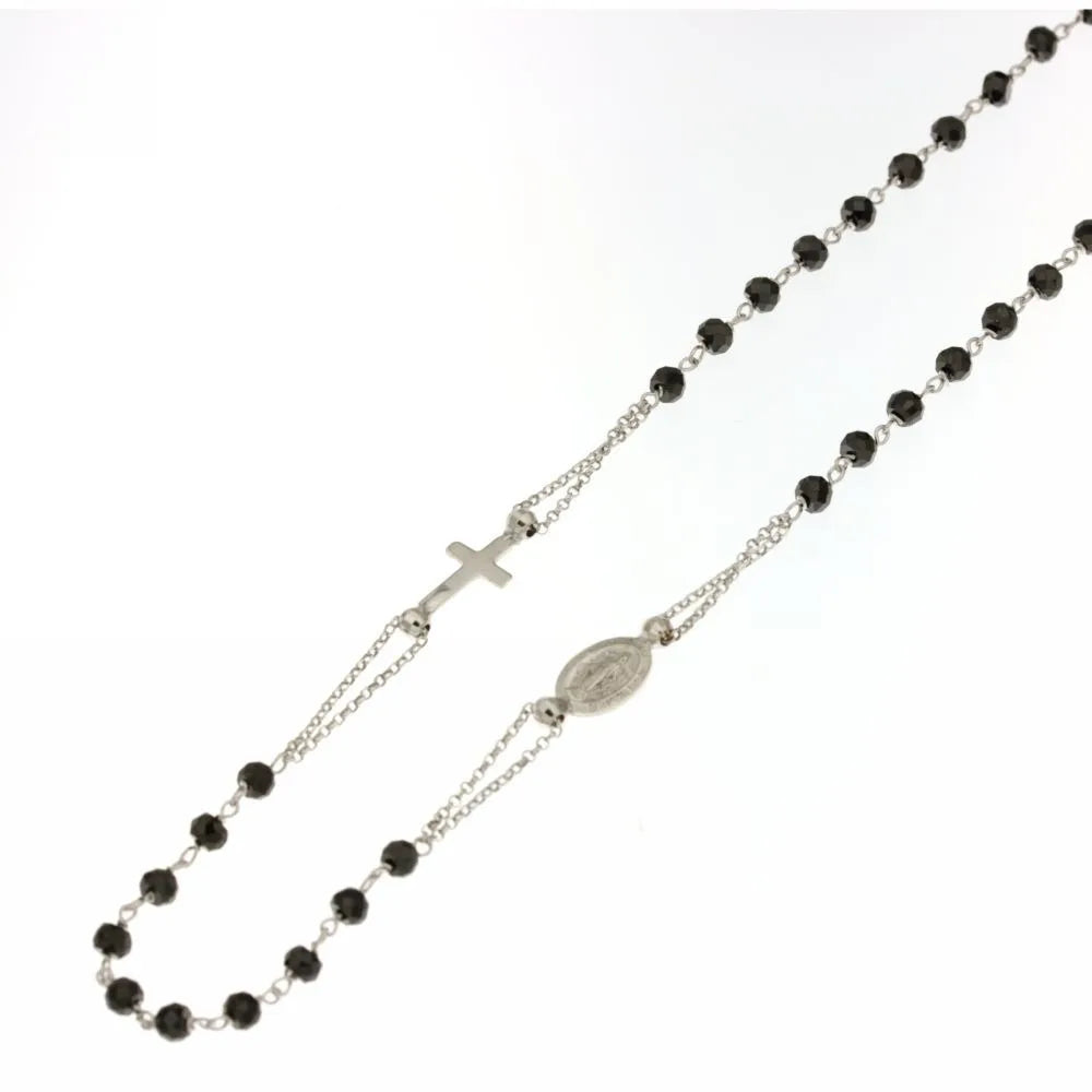 Girocollo rosario in oro bianco lucido con pietre nere sfaccettate 45cm