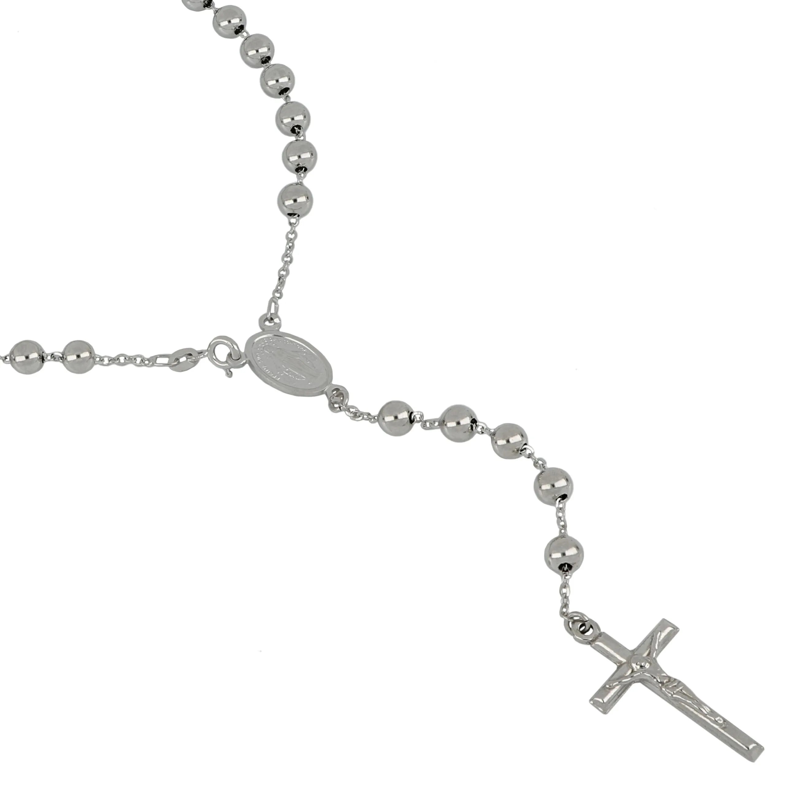 Girocollo rosario in oro bianco lucido e grani lisci 50cm