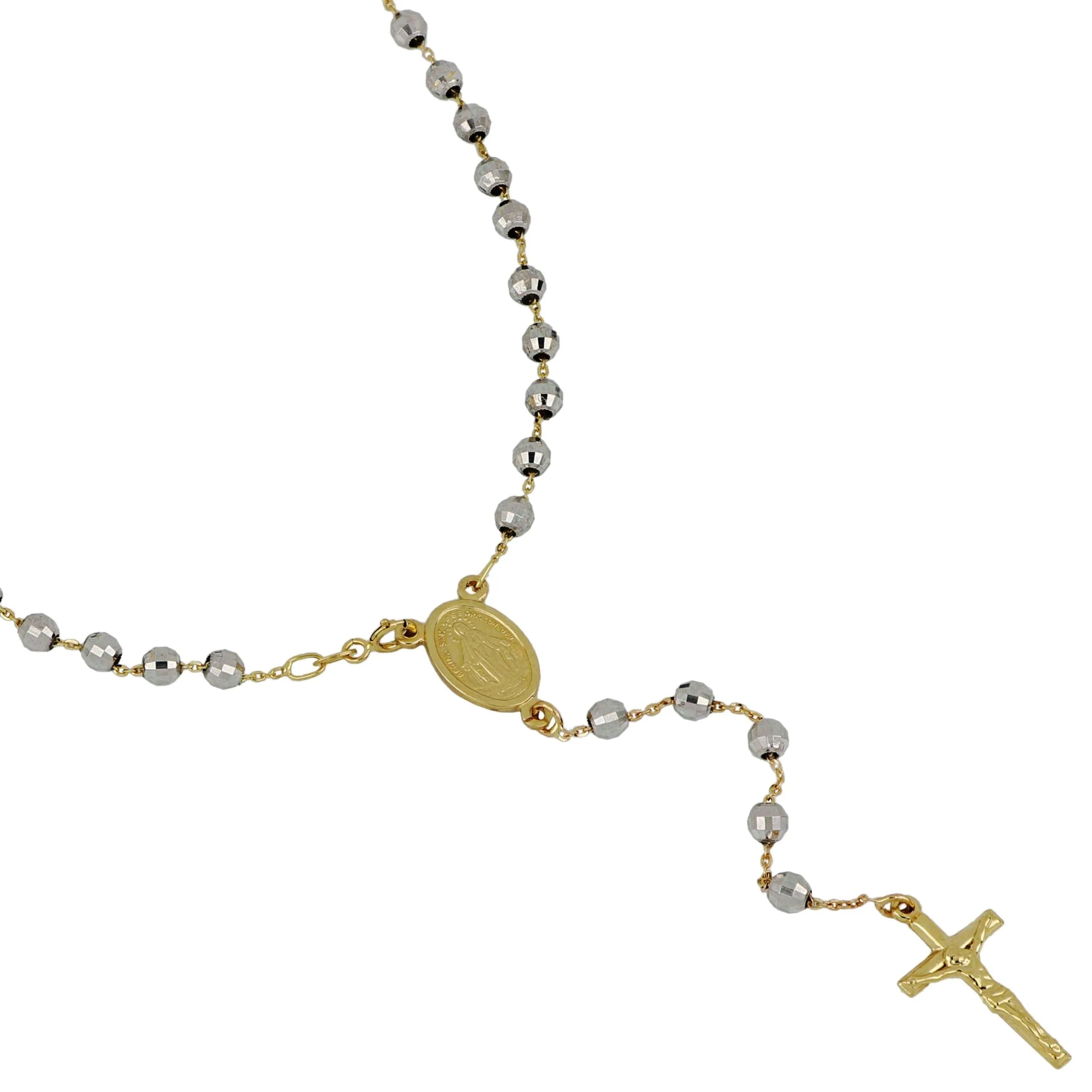 Girocollo rosario in oro giallo e bianco grani sfaccettati 50cm