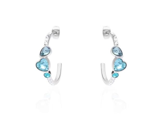 Orecchini a cerchio in metallo rodiato con cuore pietre azzurre e strass 1668621