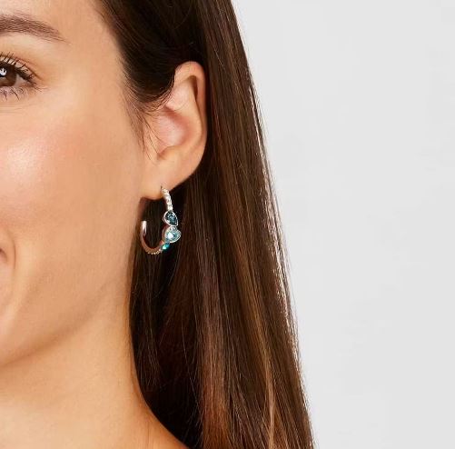 Orecchini a cerchio in metallo rodiato con cuore pietre azzurre e strass 1668621