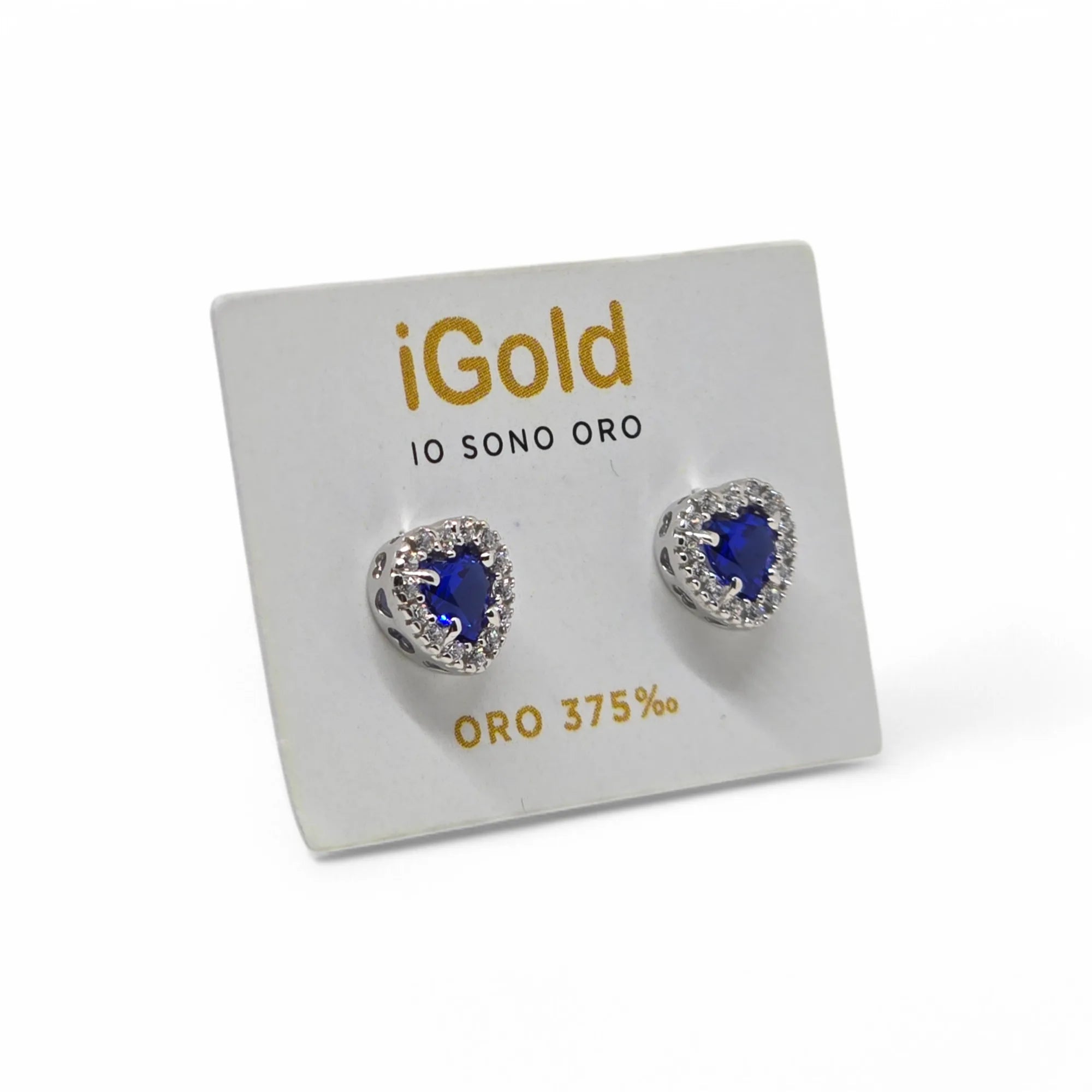 Orecchini donna forma cuore con pietra blu in oro bianco 9 kt