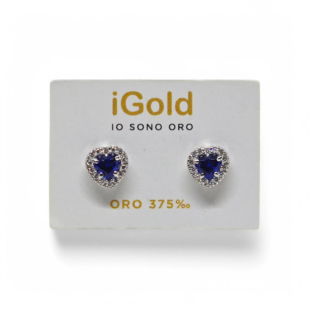 Orecchini donna forma cuore con pietra blu in oro bianco 9 kt
