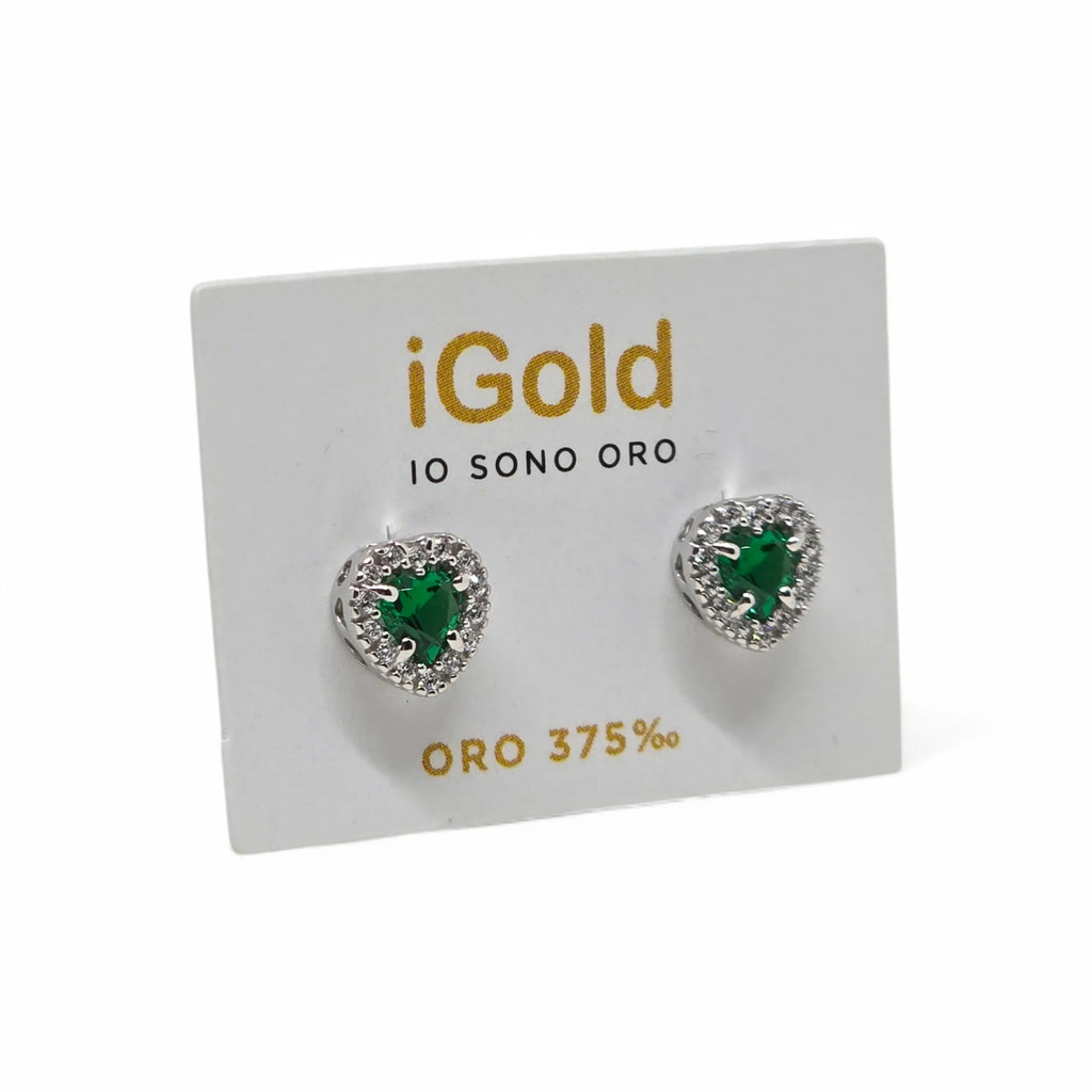 Orecchini donna forma cuore con pietra verde in oro bianco 9 kt