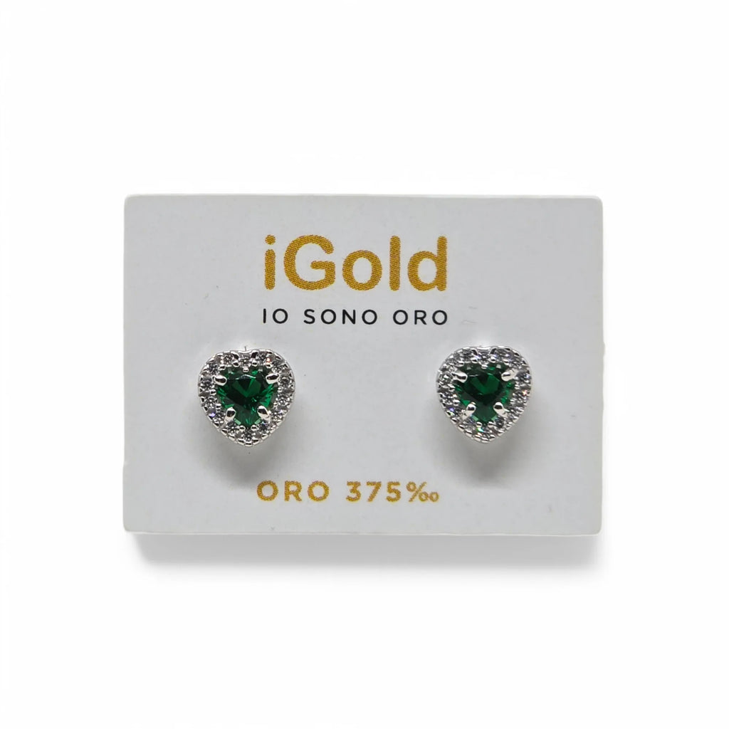 Orecchini donna forma cuore con pietra verde in oro bianco 9 kt