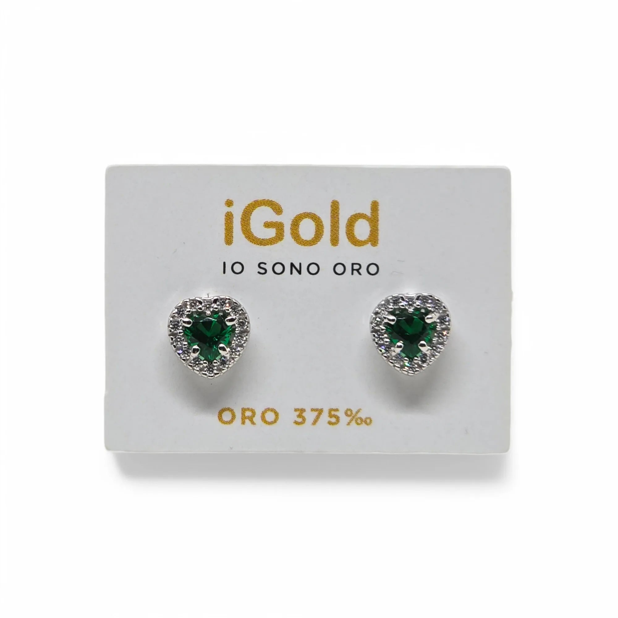 Orecchini donna forma cuore con pietra verde in oro bianco 9 kt