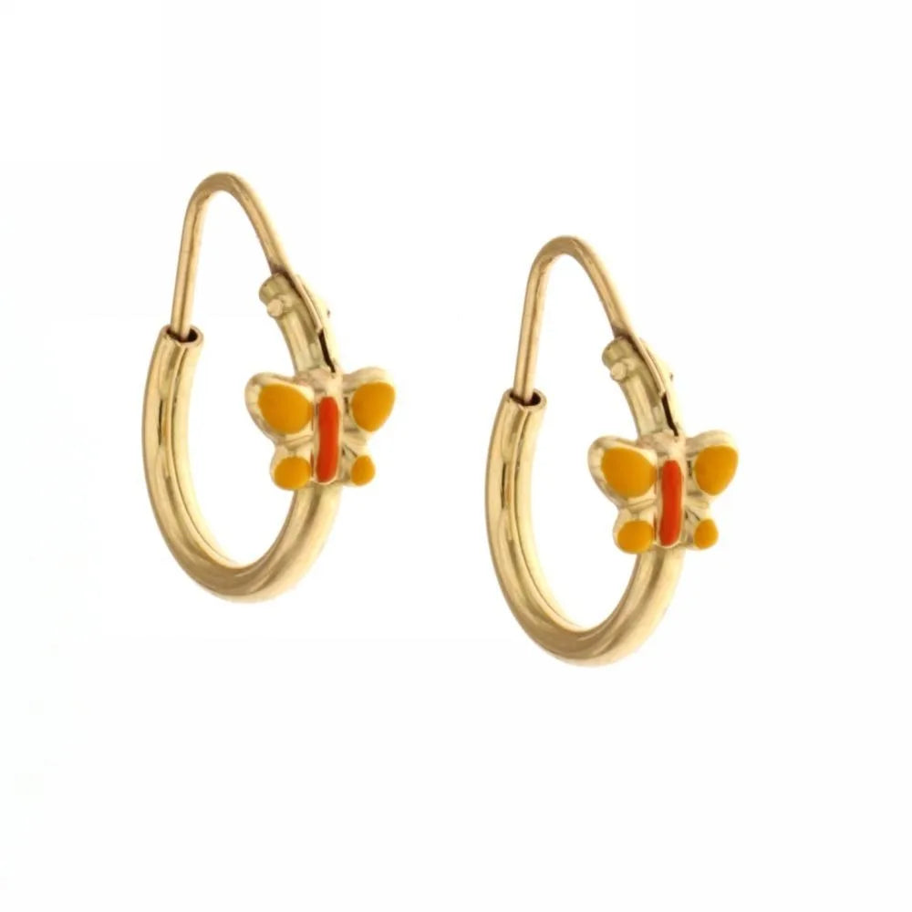 Orecchini donna oro giallo Cerchi con farfallina