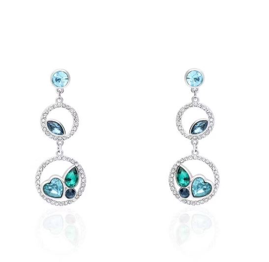 Orecchini pendenti in metallo rodiato con cuore pietre azzurre e strass 1668625