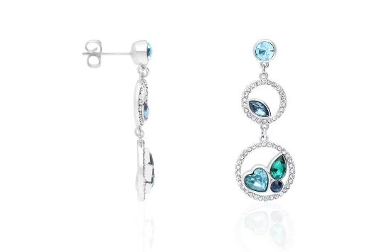 Orecchini pendenti in metallo rodiato con cuore pietre azzurre e strass 1668625