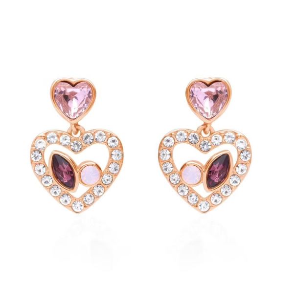 Orecchini pendenti in metallo rosato forma cuore con pietre rosa e strass
