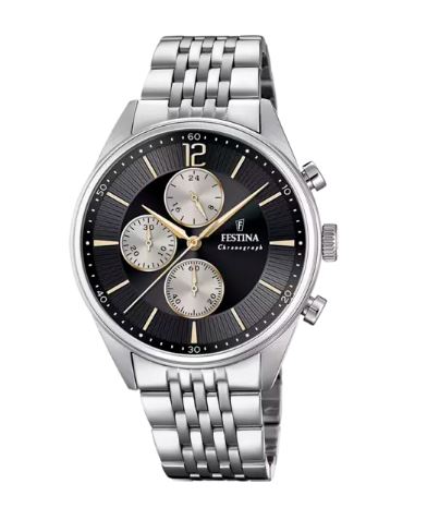 Festina Herrenuhr aus Stahl mit schwarzem Zifferblatt f20285/a