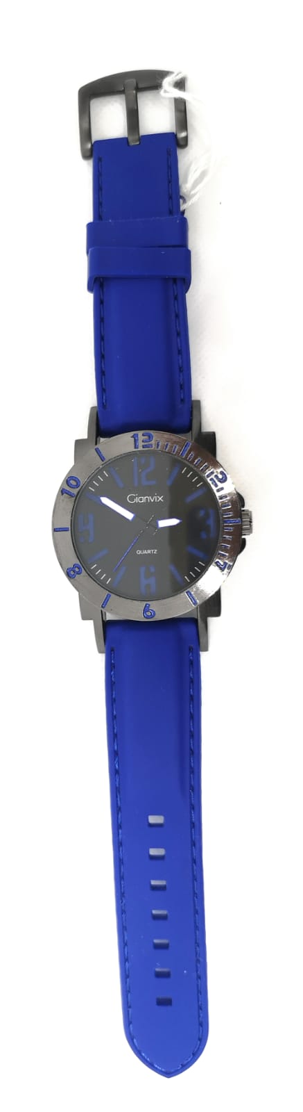 Gianvix Herrenuhr mit schwarzem Edelstahlgehäuse und blauem Kautschukarmband mit Nähten