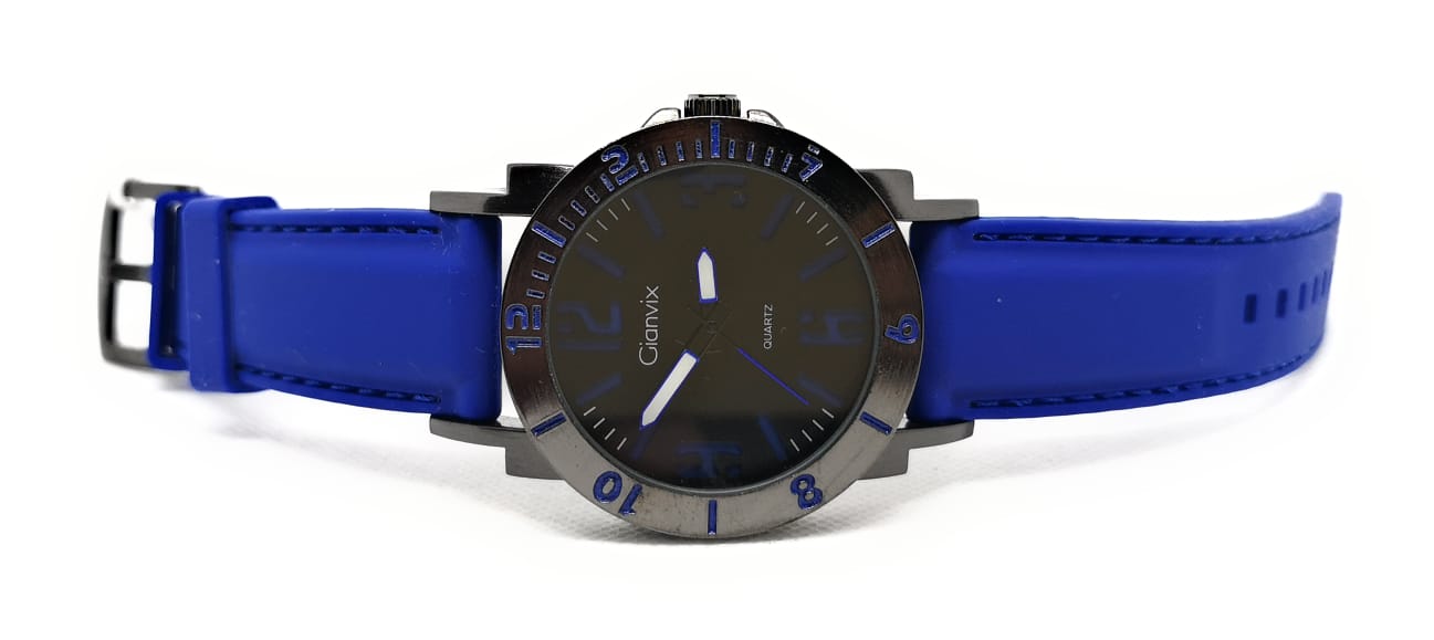 Orologio da uomo solo tempo Gianvix da uomo con cassa in acciaio nero e cinturino blu in gomma con cuciture